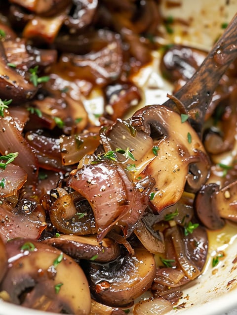 A close up of caramelized onions and mushrooms.