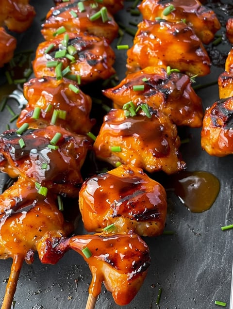 Grilled chicken skewers with honey and green onions.