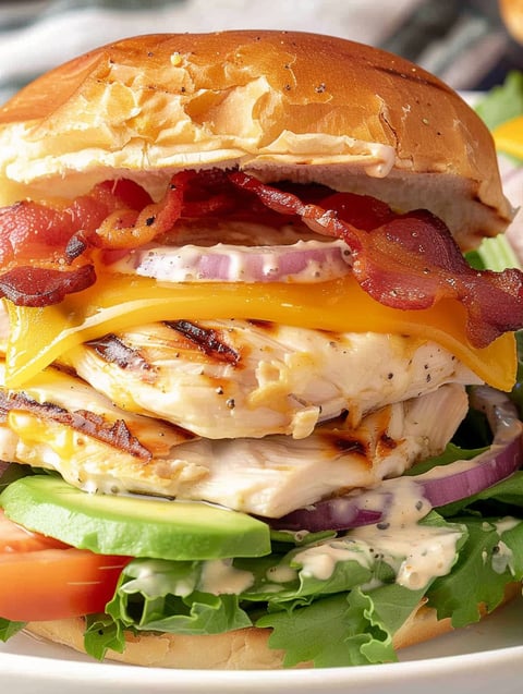 A grilled chicken sandwich with bacon and onions.