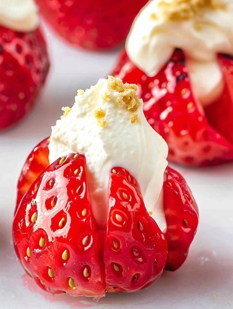 A close up of a strawberry with a dollop of whipped cream on top.