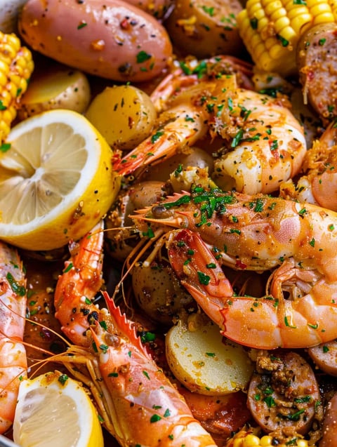 A Cajun seafood boil with garlic butter sauce.