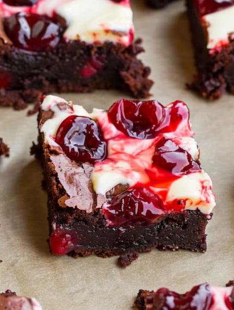 A slice of cherry cheesecake brownies.
