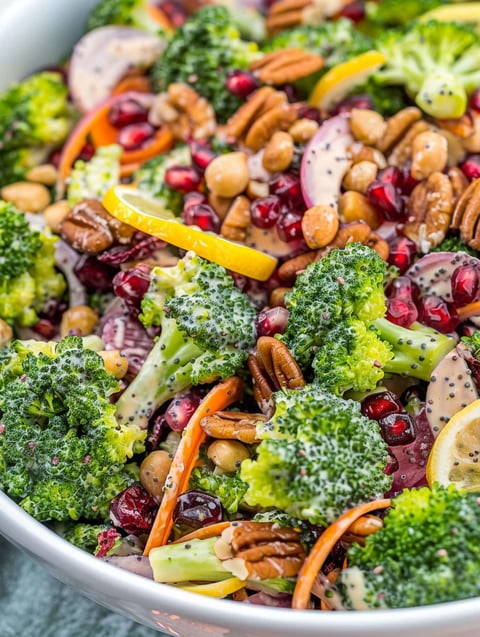 A bowl of broccoli salad with lemon poppy seed dressing.