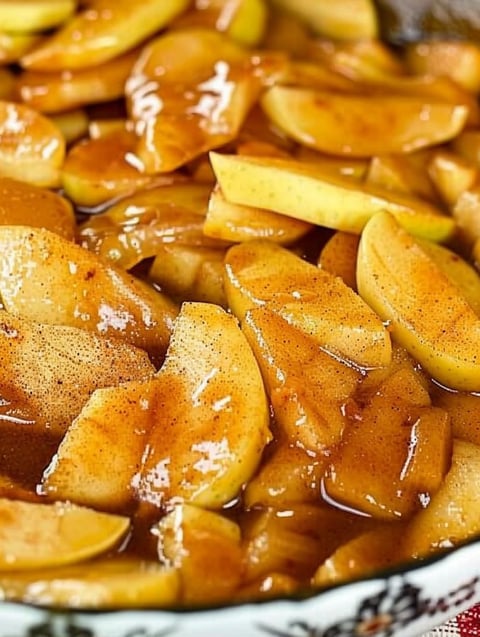 A close up of fried apples in a pan.