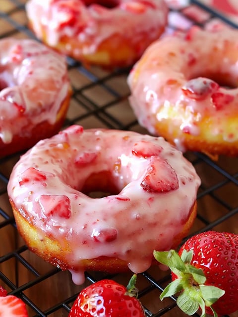 A close up of a doughnut with strawberries on top.