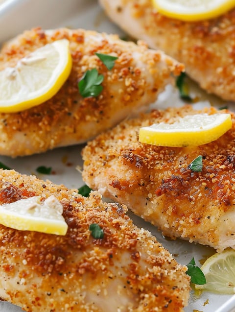 A plate of Parmesan crusted chicken with lemon wedges on top.