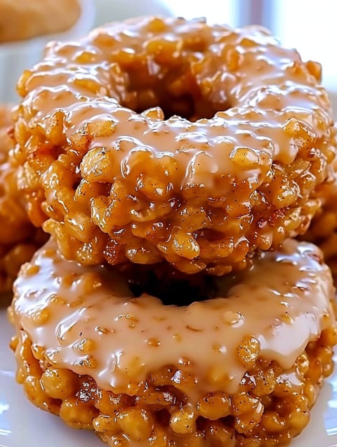 A stack of pumpkin rice krispie donuts.