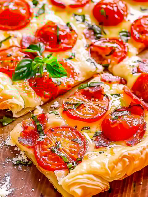 A pizza with tomatoes and basil on it.
