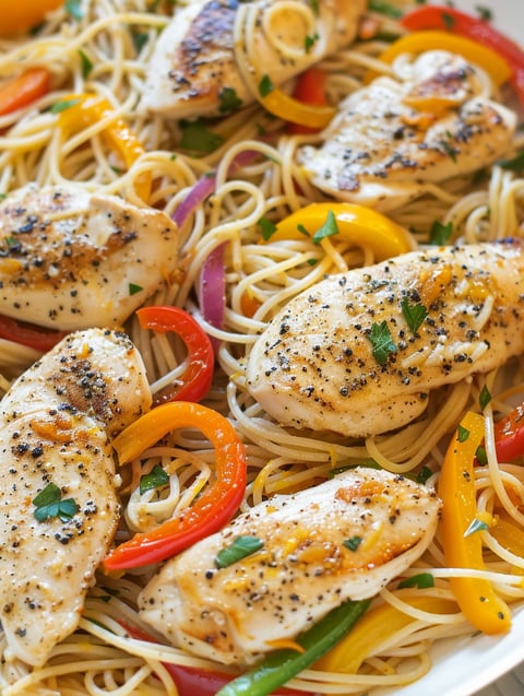 A plate of chicken scampi with pasta.