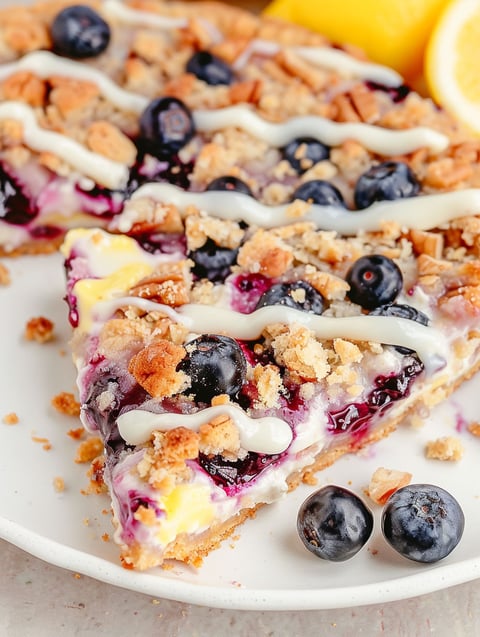 A slice of blueberry dessert pizza with a lemon wedge on top.