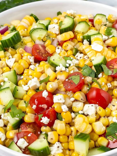 A corn salad with tomatoes, cucumbers, and feta cheese.