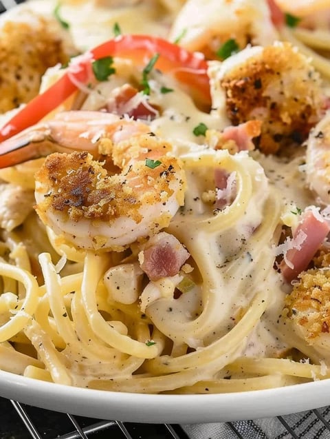 A plate of chicken and shrimp carbonara.