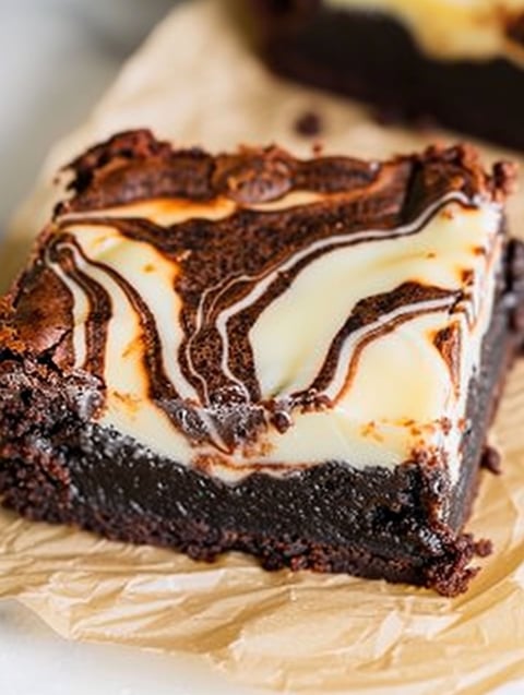 A slice of chocolate cheesecake brownie.