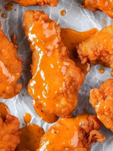 Buffalo chicken tenders on a paper towel.