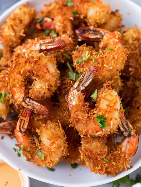 A bowl of shrimp with coconut on top.