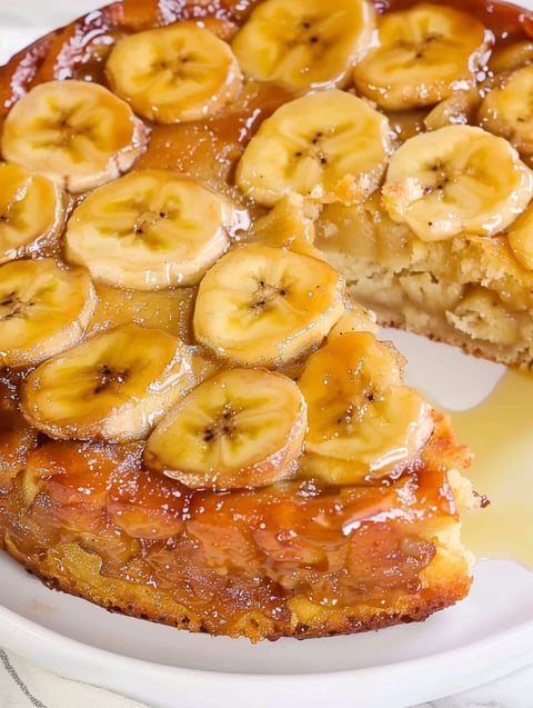 A slice of banana upside down cake.