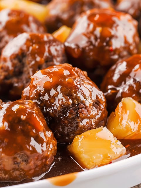 A plate of meatballs in a brown sauce.