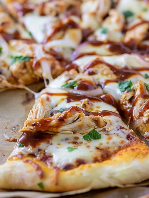 A BBQ chicken pizza with sauce drizzled over it.