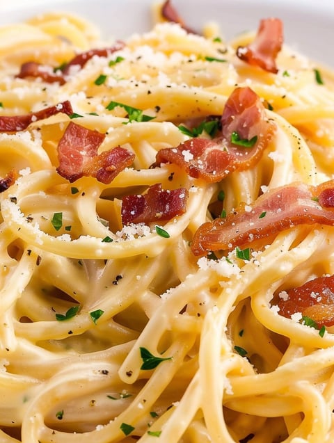 A plate of pasta with bacon and cheese.