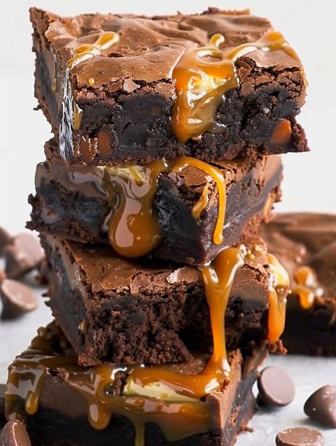 Three pieces of chocolate cake with caramel drizzle.