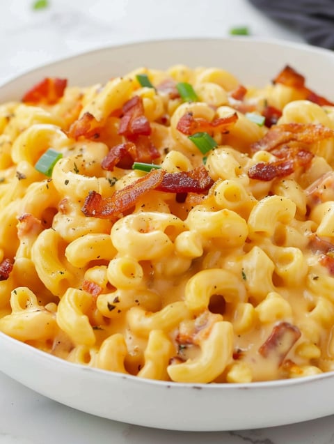 A bowl of mac and cheese with bacon.
