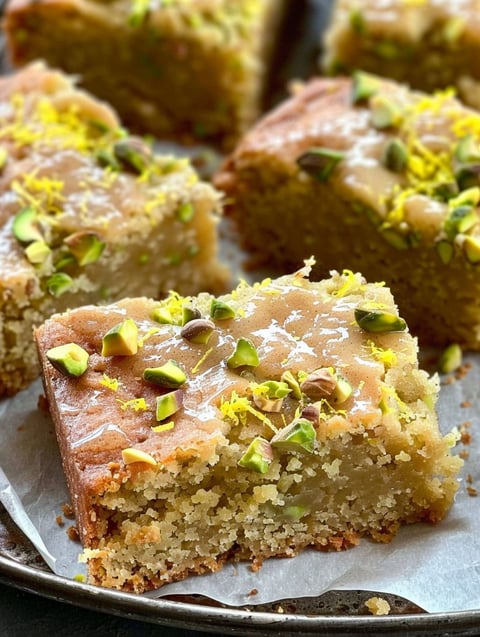 A slice of pistachio cake with lemon and almonds.