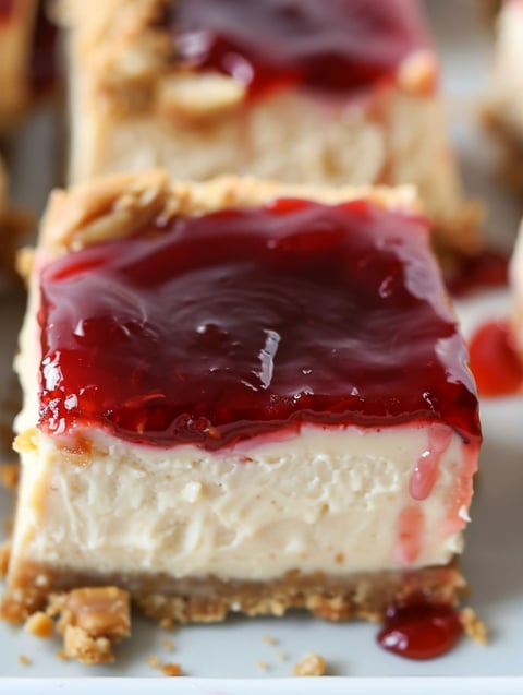 A slice of peanut butter and jelly cheesecake bar.